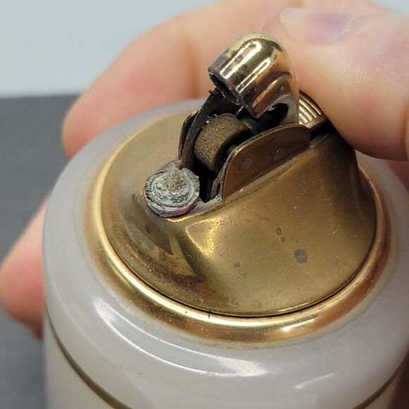 Vintage Evans Table Lighter Milk Glass  Brass Gold Details - Picture 9 of 11